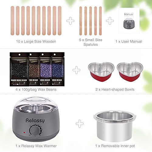 Relassy Wax Warmer/Hair Removal Waxing Kit/Wax Heater with Hard Wax Beans/Heart-Shaped Bowl/Wax Applicator DIY Waxing Kit for Women or Men