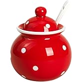 123Arts Ceramics Dot Sugar Salt Pepper Storage Jar Seasoning Pot with Lid And Spoon