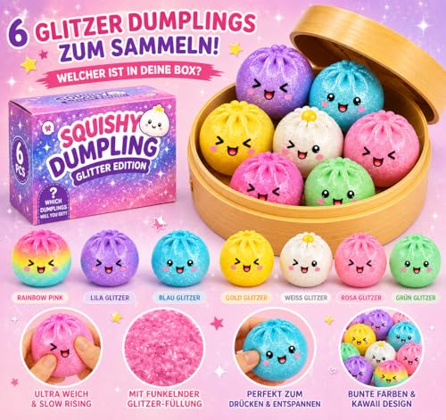 Posten Anker XXL Glitzer Squishy Dumpling Mystery Box 1 von 6 Sorten – Virale Squishy Steamed Buns 10 cm – Anti Stress Kawaii Mochi Squishies – Cute Mystery Korb Geschenkidee - Glitzer Füllung