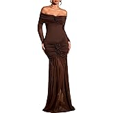 ShawGobow Off The Shoulder Maxi Dress,3D Flower Mermaid Ruched Dresses for Women,Elegant Formal Cocktail Holiday Gowns