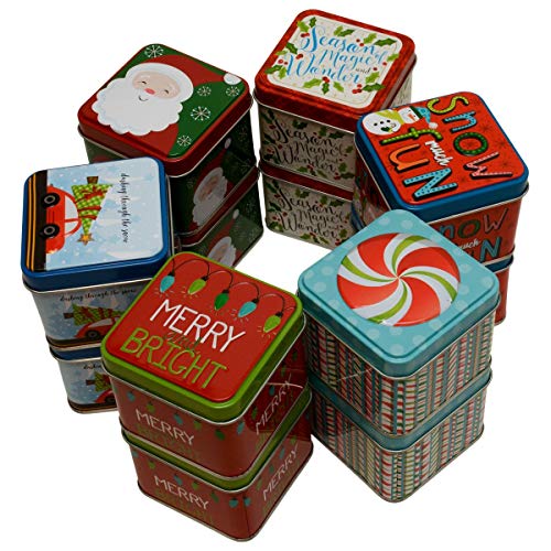 Christmas Extra Small Gift Boxes Tin Money Holder with Holiday Designs and Sayings, Cube Tins for Gift Giving Cash on Xmas (Set of 12)