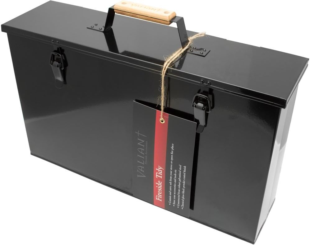 Valiant Fireside Tidy Ash Transporter - Black Gloss Steel Storage Box (FIR240), Gloss Black Powdered Coat, 43.2 x 10.6 x 24 cm