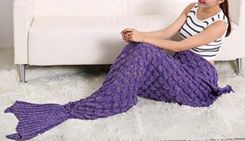 4Chiclife Knitted Mermaid Blanket Fish Tail Blanket Crochet with Scales Pattern Adult Violet 76"x37"