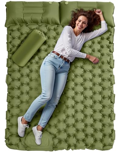 Hingue Matelas Gonflable 2 Personnes Camping, Matelas Camping 2 Personnes Autogonflant avec Pompe à Pied et Oreillers Intégrés, Matelas Trekking Imperméable Compact pour Tente,Randonnée- Vert Armée