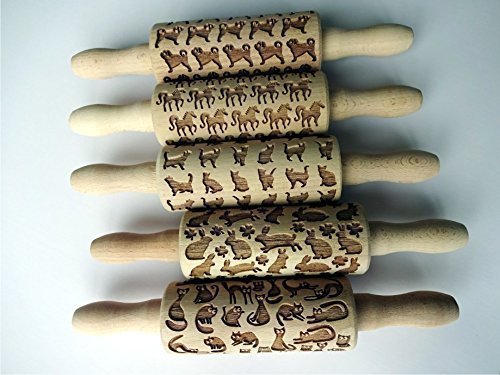 5 ANY pattern Kid Size Rolling Pin SET. Wooden Laser Cut Mini Rolling Pins for cookies, play dough, salt dough or clay. Laser engraved embossing rolling pins for homemade cookies. Choose your patterns