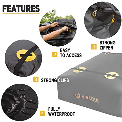 AIRKOUL Car Top Carrier Roof Bag Waterproof Rooftop Cargo Carrier Bag with Protective Mat and 4 Pcs Heavy Duty Straps for Vehicles with or Without Racks, 15 Cubic feet
