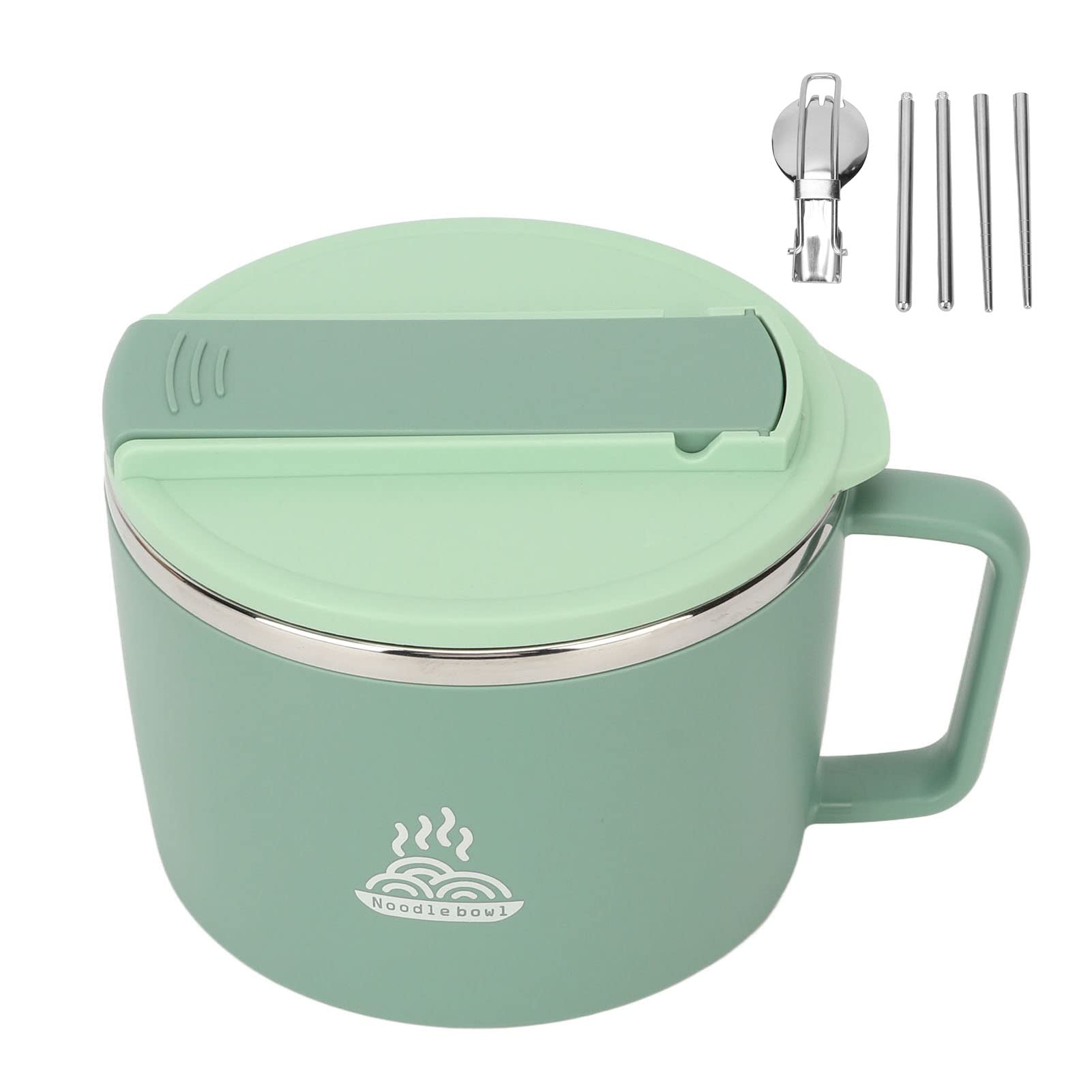 Ramen Cooker Microwave Noodle Bowl With Chopsticks and Spork - 1200ml 304 Stainless Steel Portable With Lid for Office (Green)