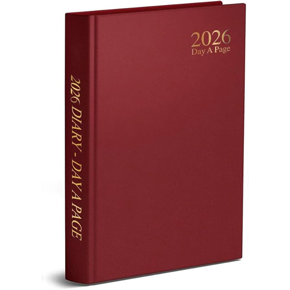 2026 Red A5 Day a Page Diary Hard Backed Desk Diary Productivity A5 Daily Planner For Home School and Office Use - 60 gsm Paper