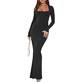 REORIA Womens Basic Sexy Square Neck Long Sleeve Soft Lounge Long Dress Fall Casual Ribbed Bodycon Maxi Dresses