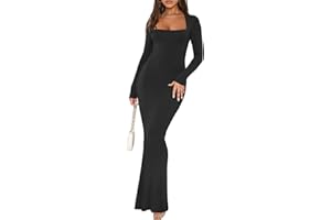 REORIA Womens Basic Sexy Square Neck Long Sleeve Soft Lounge Long Dress Fall Casual Ribbed Bodycon Maxi Dresses