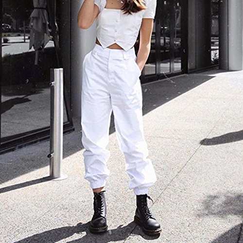 Minisoya Women Cargo Pants Slacks Casual Harem Baggy Hip Hop Dance Outdoor Jogging Sweatpants Trousers with Chain (White, L)