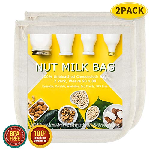 Nut Milk Bags, All Natural Cheesecloth Bags, 12"x12", 2 Pack, 100% Unbleached Cotton Cloth Bags for Cheese/Tea/Yogurt/Juice/Wine/Soup/Herbs, Durable Washable Reusable Almond Milk Strainer(Weave 90x88)