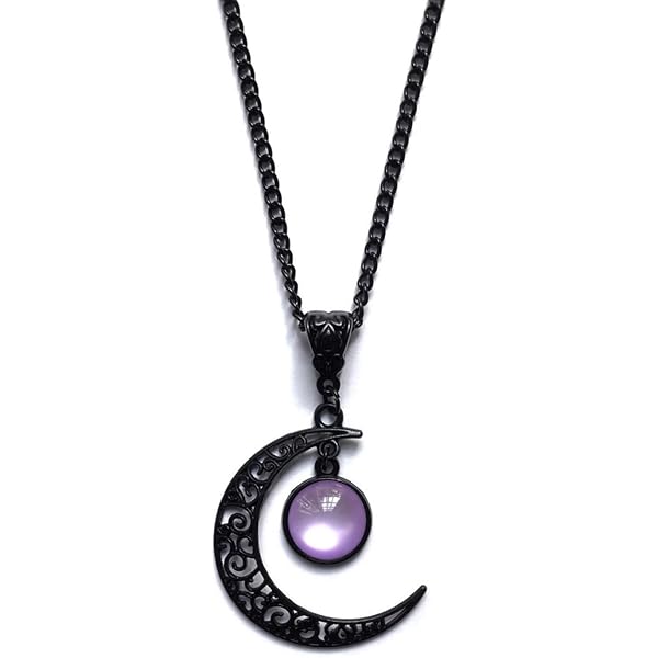 Gothic Moon Crystal Necklace Vintage Punk Black Crescent Necklace Red Statement Gothic Jewelry For Women Purple Halloween Costume Jewelry-786648