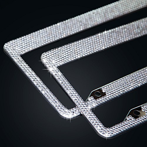 BUG HULL Bling License Plate Frame (2 Pack) for Car / Truck, Handmade Waterproof 8 Rows Crystal Rhinestone, 2-Holes Stainless Steel Plate Frame + Screws & Caps (Clear-01)