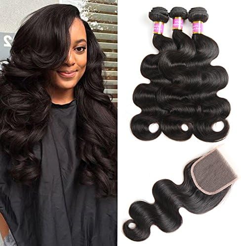 Bobofun Peruvian Body Wave 3 Bundles With Closure 8A Peruvian Virgin Hair With Closure Bundle Deal Wavy Human Hair Extensions (16 18 20 With 14) 4X4 Inch Free Part