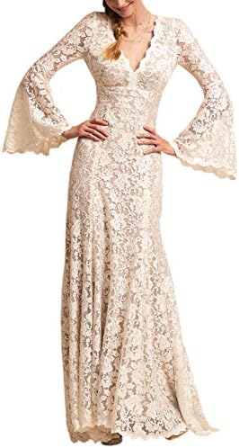 Wanhua Long Bell Sleeve V Neck Vintage Lace Wedding Dress Bridal Gown