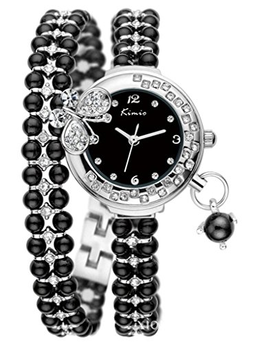 Tidoo Brand Watch Silver Plated Black Beads, Bangle Bracelet Watch with Crystal Butterfly