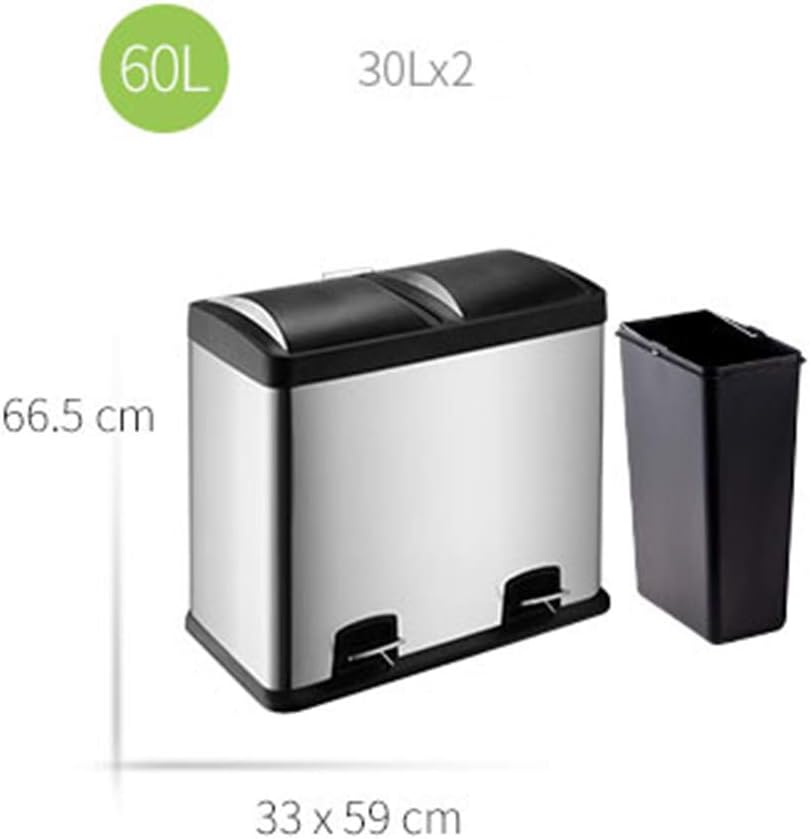 Wkkie Step Pedal bin Multi Compartments, Recycle bin Trash can Removable Inner Buckets, Stainless Steel -F 60L