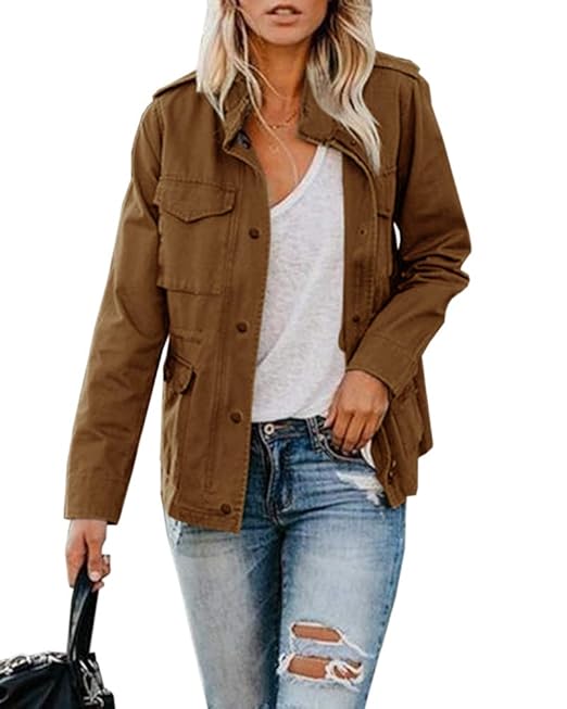 Buy Womens Military Jacket Zip Up Snap Buttons Lightweight Utility