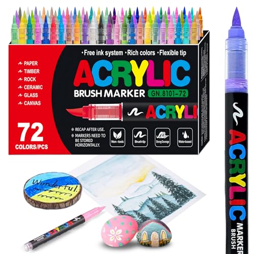 72 Colors Acrylic Paint Markers, Soft Brush Tip Acrylic Paint Pens, Waterproof Coloring Art Markers for Wood, Metal, Ceramic, Fabric, Stone, Egg, Rock Painting and DIY Art Crafting