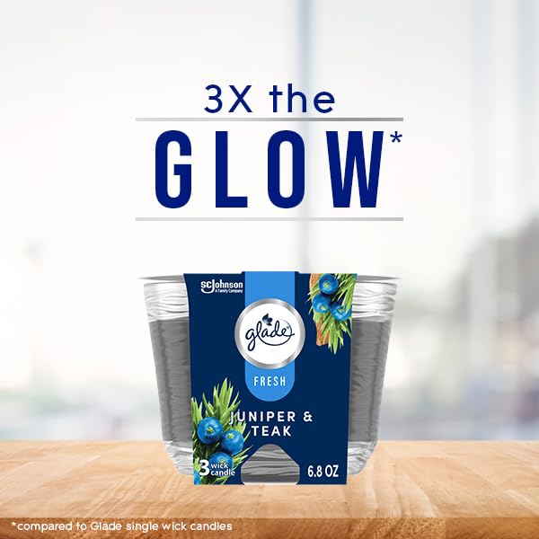GLADE CANDLE JUNIPER & TEAK, FRESH COLLECTION, FRAGRANCE CANDLE INFUSED WITH ESSENTIAL OILS, AIR FRESHENER CANDLE, 3-WICK CANDLE, 6.8 OZ