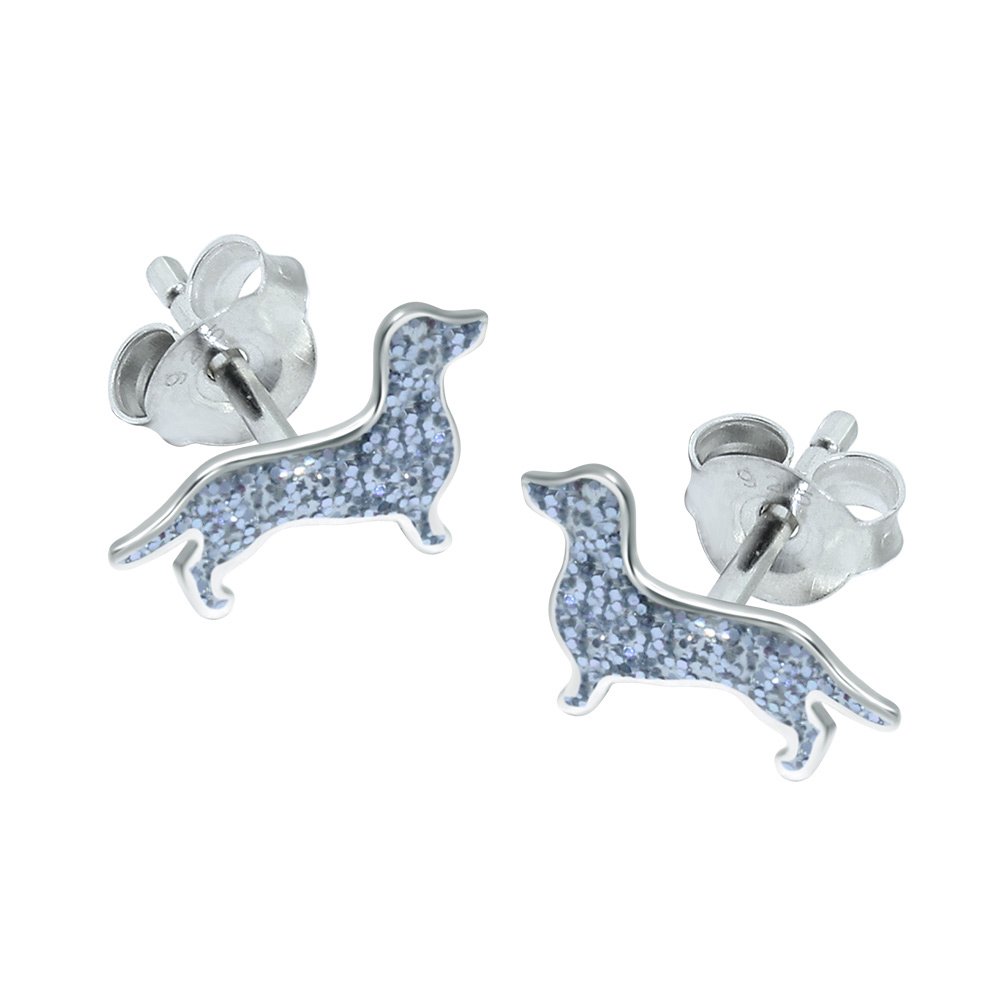 Sterling Silver Sausage Dog Earrings Dachshund with Glitter