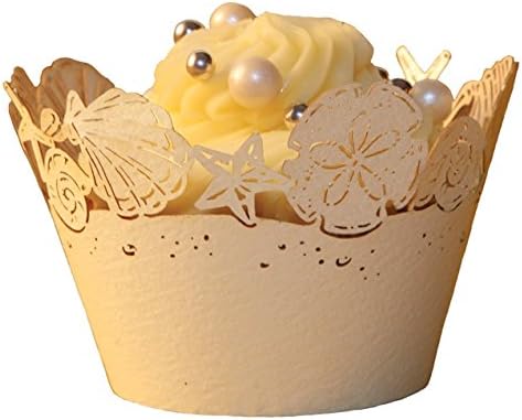 Worldoor® Pack of 48 PCS Ivory Pearlescent Paper Beach Themed Wedding Sea Shells Seashell Cupcake Wrappers Seashells Regular Cupcake Wrapper Baby Shower Wedding Party Cake Liners Decoration (Ivory)