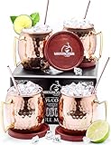 Authentic Copper Moscow Mule Mugs Set of 4 (16oz) -- Heavy Weight -- Food Safe Lacquer -- Best Gift for Woman and Men -- Includes 4 Wooden Coasters, 4 Straws -- Best Quality Copper Mule Mugs