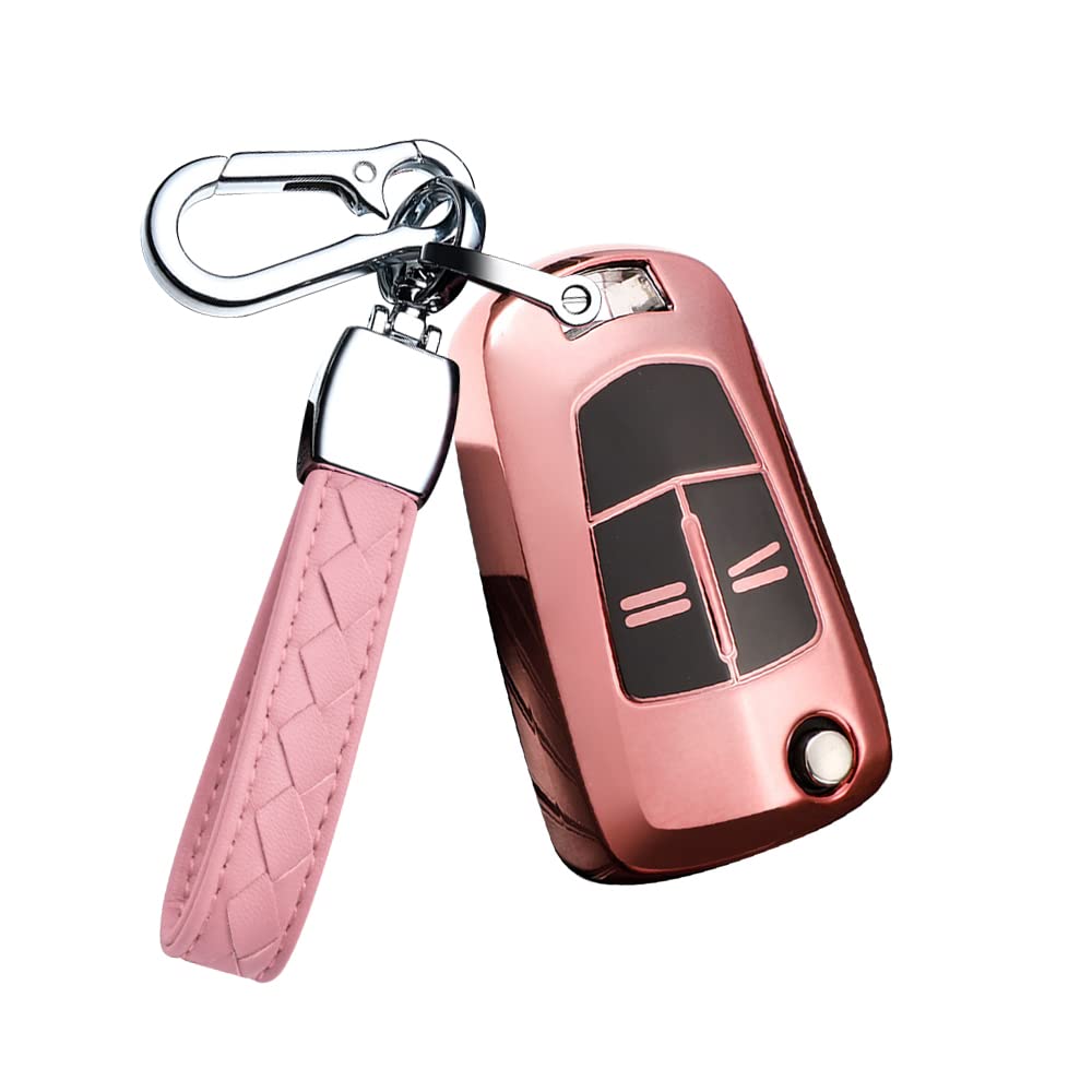 HIBEYO Flip Key Car Key Case Fits Opel Vauxhall Silicone Protective Case Remote Key Flip for Opel Corsa Astra Vectra Zafira Antara Tigra Keychain Key Case 2-Button Pink