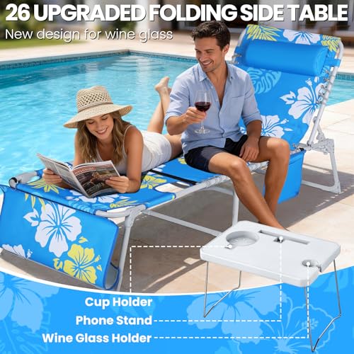 KingSom Tumbona Plegable con Agujero para la Cara, Tumbona Jardín Exterior con Mesa Plegable, Capacidad de 160kg,Tumbona Playa Reclinable de 6 Posiciones con Reposacabezas&Bolsillo,para Jardín,Piscina