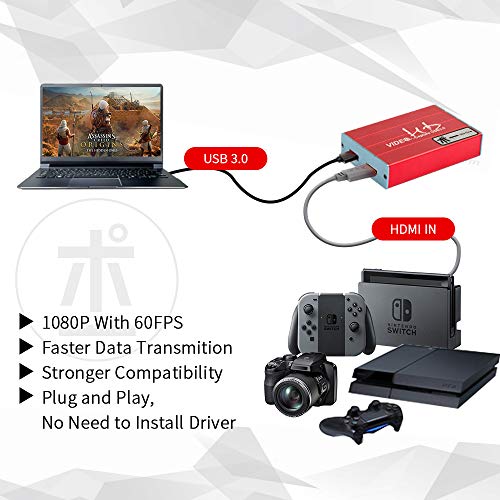 HDMI Game Capture Card, USB 3.0 HDMI Video Capture Dongle,Full HD 1080P HDMI Video Capture for PS3/ PS4 Xbox Wii u Nintendo Switch Support HDCP 1080P Windows 7/8/10 Linux YouTube OBS Twitch
