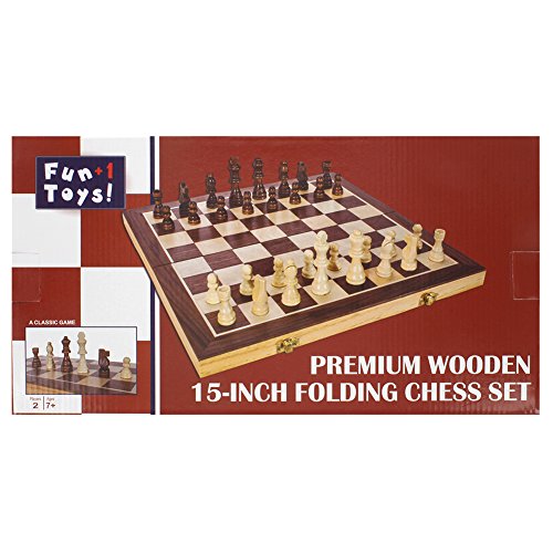 FUN+1 TOYS! High Quality 15-Inch Classic Folding Wooden Chess Set. Includes Wooden Pieces in Storage Pouches, Board, and Instructions!