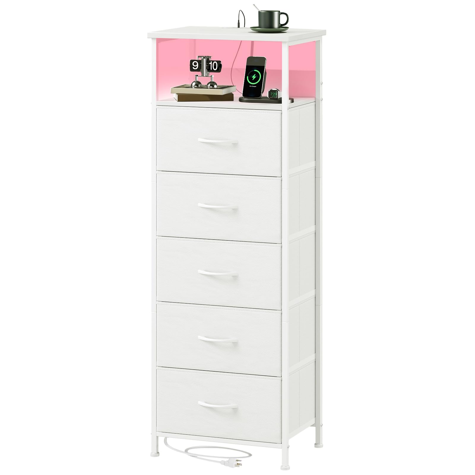 Photo 1 of Somdot White Nightstand with Charging Station and LED Light for Bedroom, Tall 5 Drawers Dresser with Fabric Bins for Bedside Kids Dorm Room Closet Laundry Entryway, White Leather