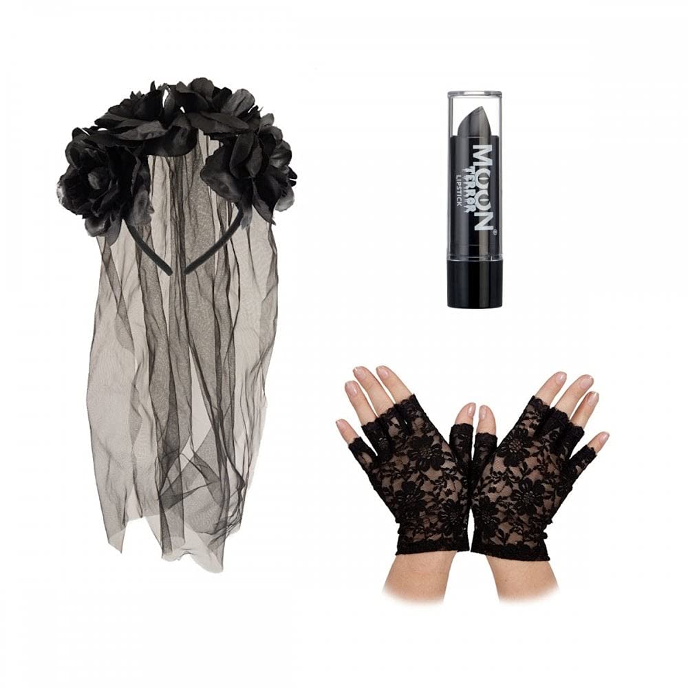 A2ZFD Gothic Veil + Black Lipstick + Fingerless Gloves : Ladies Halloween Fancy Dress Accessories, One Size