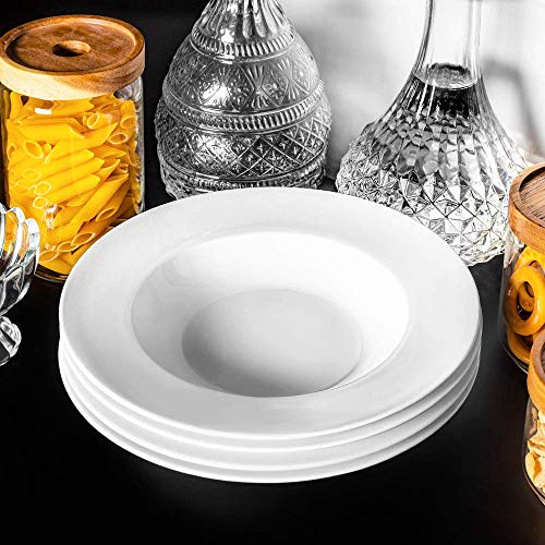 Artena 10 Ounce Pasta Bowls Set of 4, Elegant White Soup Bowls, Wide