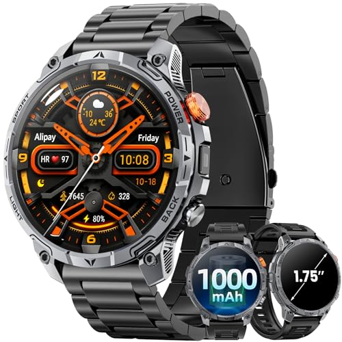 Haulvean Militares Reloj Inteligente Hombre, 1000 mAh Smartwatch, Dos Correas, Pantalla HD 1,75", Linterna LED, 100＋Modos Deportivos, Salud Monitorizada, Llamadas Bluetooth para iOS Android (Negro)