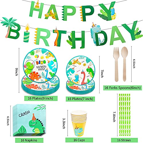 NINEFO Dino Birthday Decoration, 16 Guests Dinosaur Decoration Party Supplies Set Children's Tableware Paper Plates Cups Straws Napkins Banner Boy (Green), (NI-005)