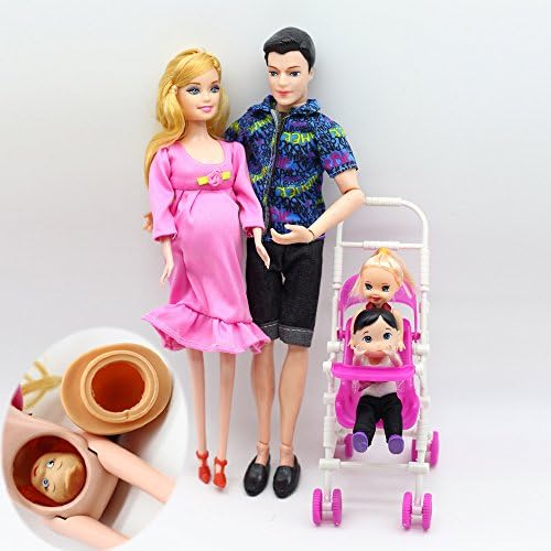 1set Real Pregnant Doll Toys Family 5 People Dolls Suits 1 Mom /1 Dad /2 Little Girl /1 Baby Son/1 Baby Carriage