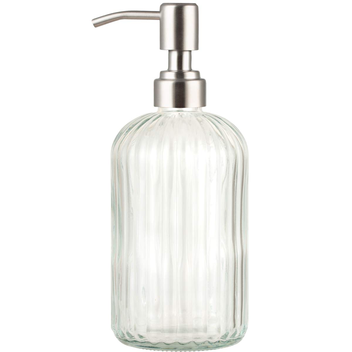 Plomkeest Glass Soap Dispenser 14oz Clear Glass Jar Soap Dispenser with Rust Proof Stainless Steel Pump Liquid Soap Dispenser for Bathroom,Kitchen，Decor Great for Lotions, Liquid Soaps.Flow pattern