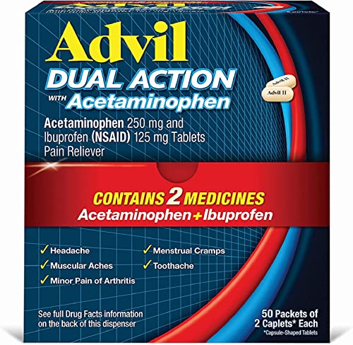 advil dual action coated caplets with 250 mg ibuprofen and 500 mg acetaminophen per dose  for 8 hour pain relief - 2 count x 50