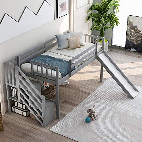 Twin Loft Beds with Slide for Kids, Low Profile Loft Beds with
