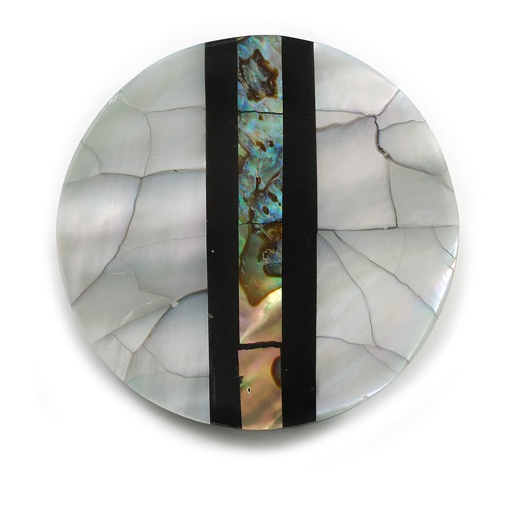 40mm L/Round Sea Shell Brooch/Silver/Black/Abalone Shades/Handmade/Slight Variation In Colour/Natural Irregularities