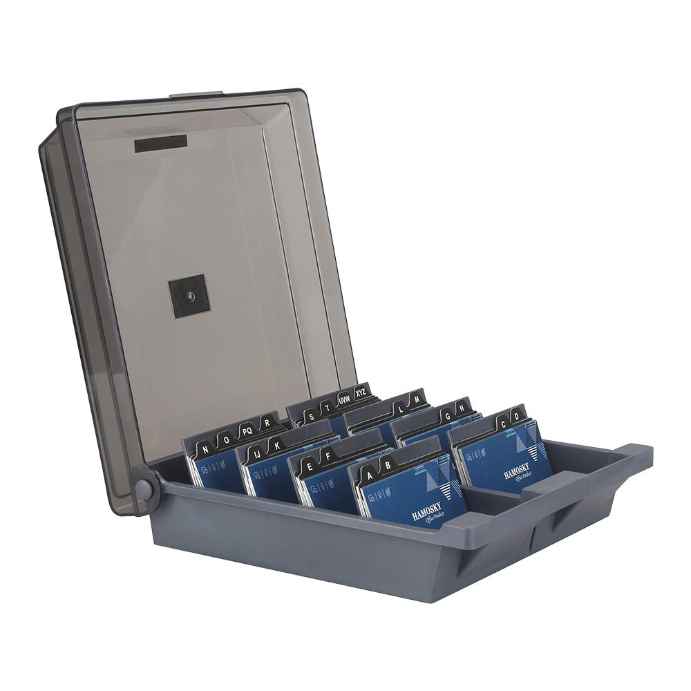Hamosky Business Card Storage Box, 1000 Cards Capacity, Name Card Holder with Dividers, 8 Dividers and A-Z Index Tabs, Business Card Organiser Box, Plastic Name Business Card File for Office