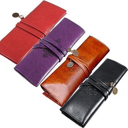 lotusflowert Vintage Style Rollup Pencil Case, Pencil Bag, Pen Pocket - PU Leather( Brown purple red black)