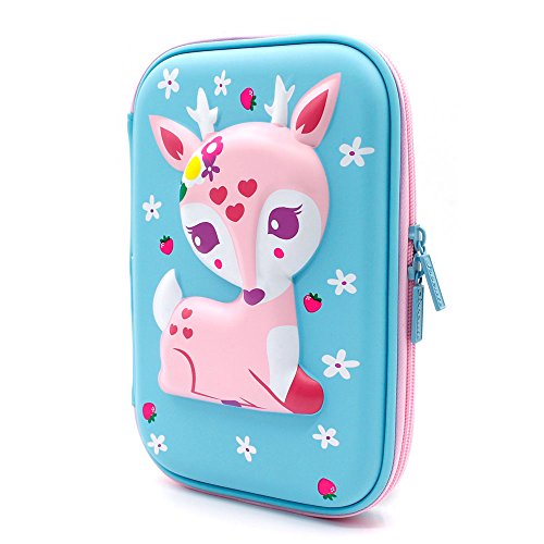 3D Cute Deer Hardtop Pencil Case - Kids Large Colored Pen Holder Box With Compartments - Girls Cosmetic Pouch Bag Stationery Organizer (Light Blue)