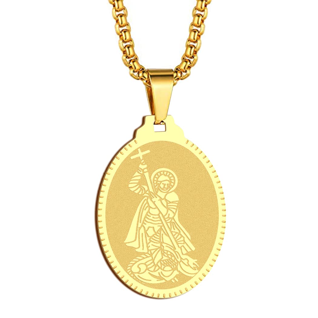 Angel St.George Necklace Saint George Pendant Women Men The Seal of The Seven Archangels Charm Chain Religious Medal Medallion Disc Jewelry Christian Gift (St George-206G)