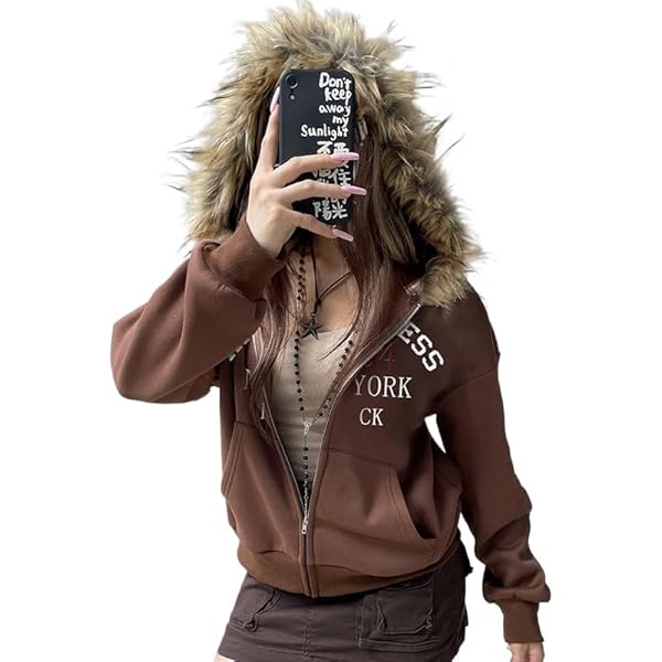 Amazon.com: Y2k Jacket with Fur Hood Emo Hoodie Jackets, Fur