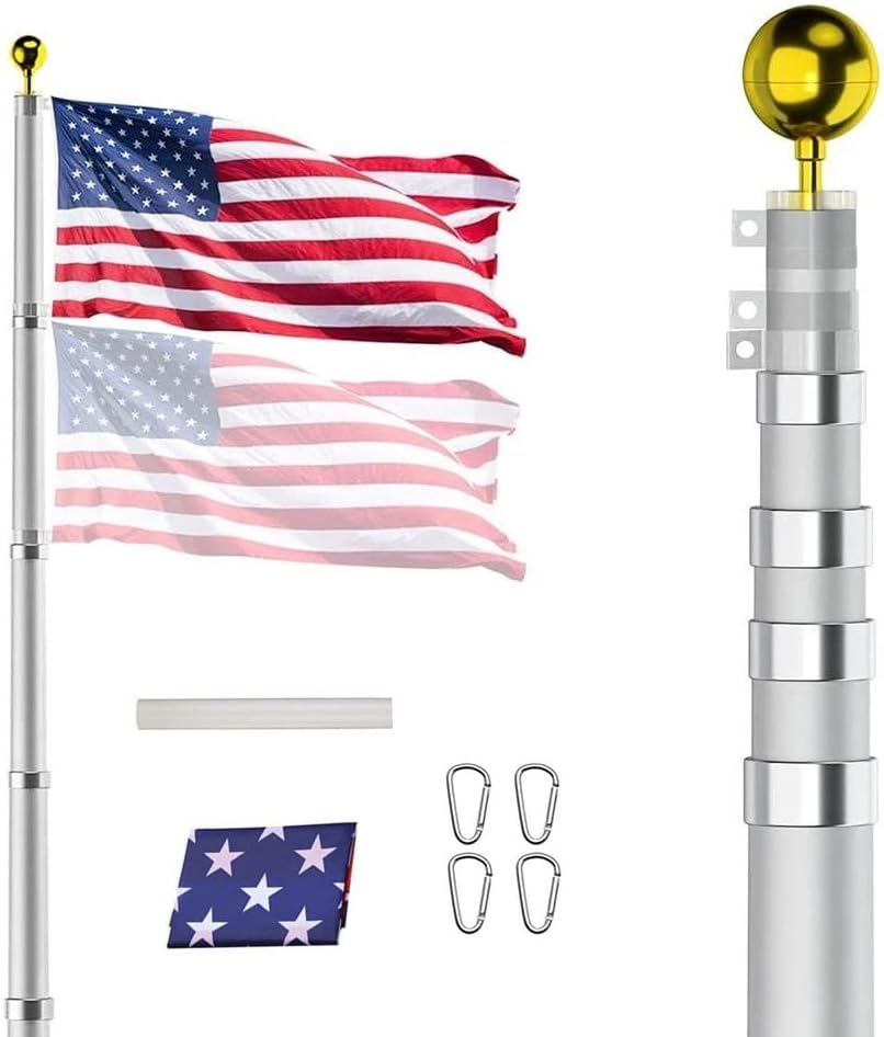 Flagpole Hardware - SENZHIYI 16FT Telescopic Flag Pole Kit, Heavy Duty 16 Gauge Aluminum Outdoor In Ground Flag Poles with 3x5 USA Flag, for Residential or Commercial,Garden,Yard Flag Poles