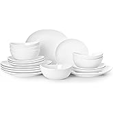 Sweese 18-Piece Dinnerware Sets for 6, Porcelain Plates and Bowls Set, Scratch Resistant Dishes, Microwave and Oven Safe Dishware, Snow White