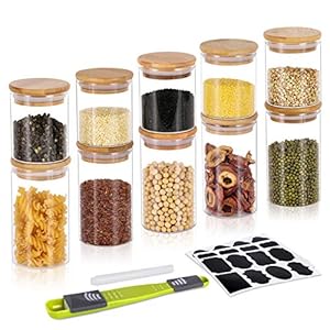 GoMaihe 200 ML + 300 ML Voorraadpotten set van 10, Voorraaddozen Kruidenpotjes Luchtdichte Glazen Container Gemaakt van…